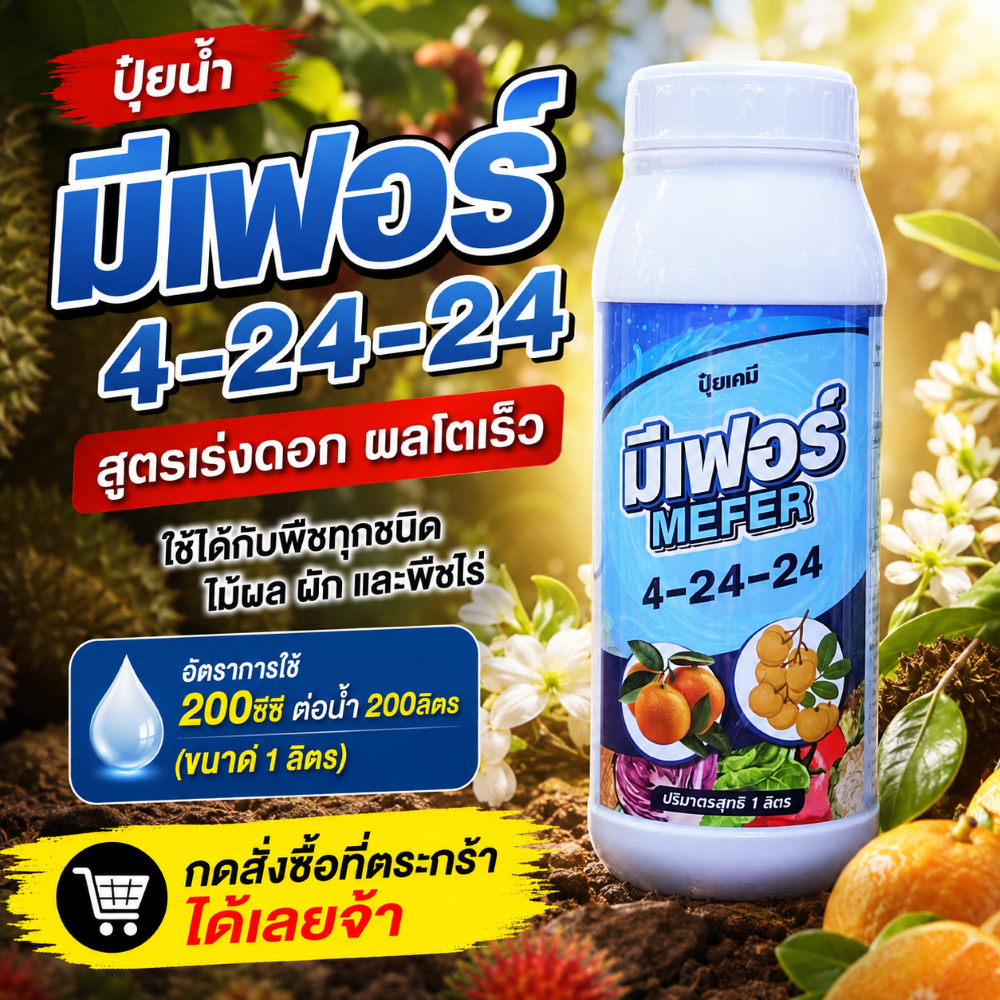 ปุ๋ยน้ำ มีเฟอร์ 4-24-24 สูตรเปิดตาดอก เร่งสะสมอาหาร ขั้วเหนียว ลดปัญหาดอกร่วงและผลร่วง