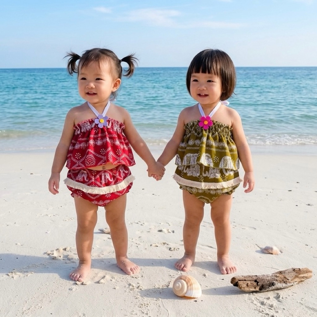 ชุดว่ายน้ำเด็กผู้หญิง (รหัสR02) บิกีนี ทูพีช เซต2ชิ้น ฟรีไซส์3-18เดือน หรือ4-10กิโล สีสันสดใส ผ้านิ่ม พร้อมส่งจากไทย