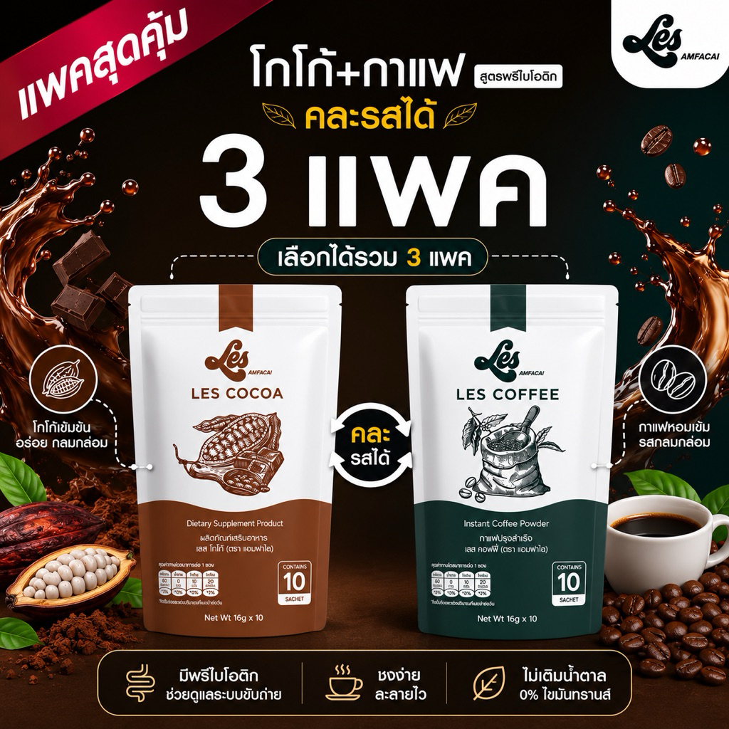 [เซ็ท3แพค]โกโก้/กาแฟ ข้าวฟาไฉ สูตรผสมพรีไบโอติก เซ็ท1เดือน 3