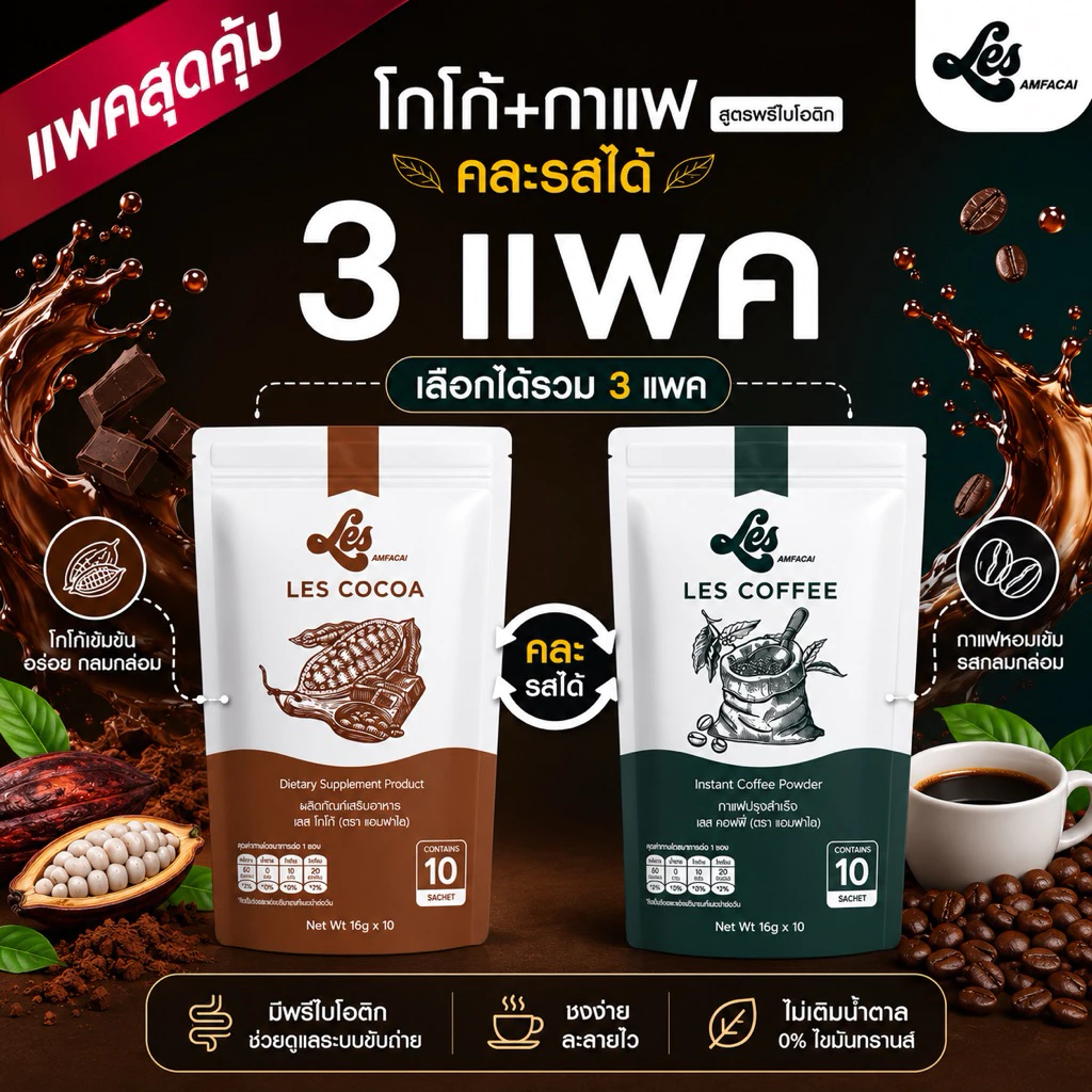 [เซ็ท3แพค]โกโก้/กาแฟ ข้าวฟาไฉ สูตรผสมพรีไบโอติก เซ็ท1เดือน 3 แพค