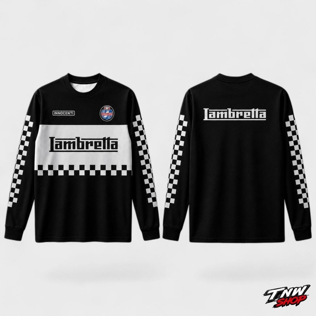 เสื้อLambretta แขนยาว ลายตรางหมากรุก สีดำ ผ้าไมโคร ระบายอากาศ แห้งไว ใส่ขี่รถ ลำลอง วินเทจ คลาสสิก ดีไซน์เท่