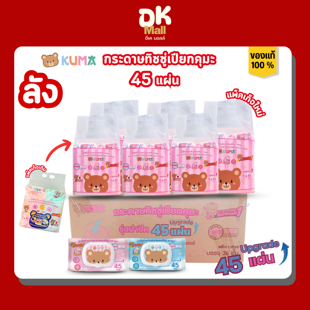Kuma ผ้าเช็ดทำความสะอาดผิวแบบเปียก ทิชชู่เปียกคุมะ จำนวน 45 แผ่น 2 สีในแพ็ค ฟ้า/ชมพู ยกลัง