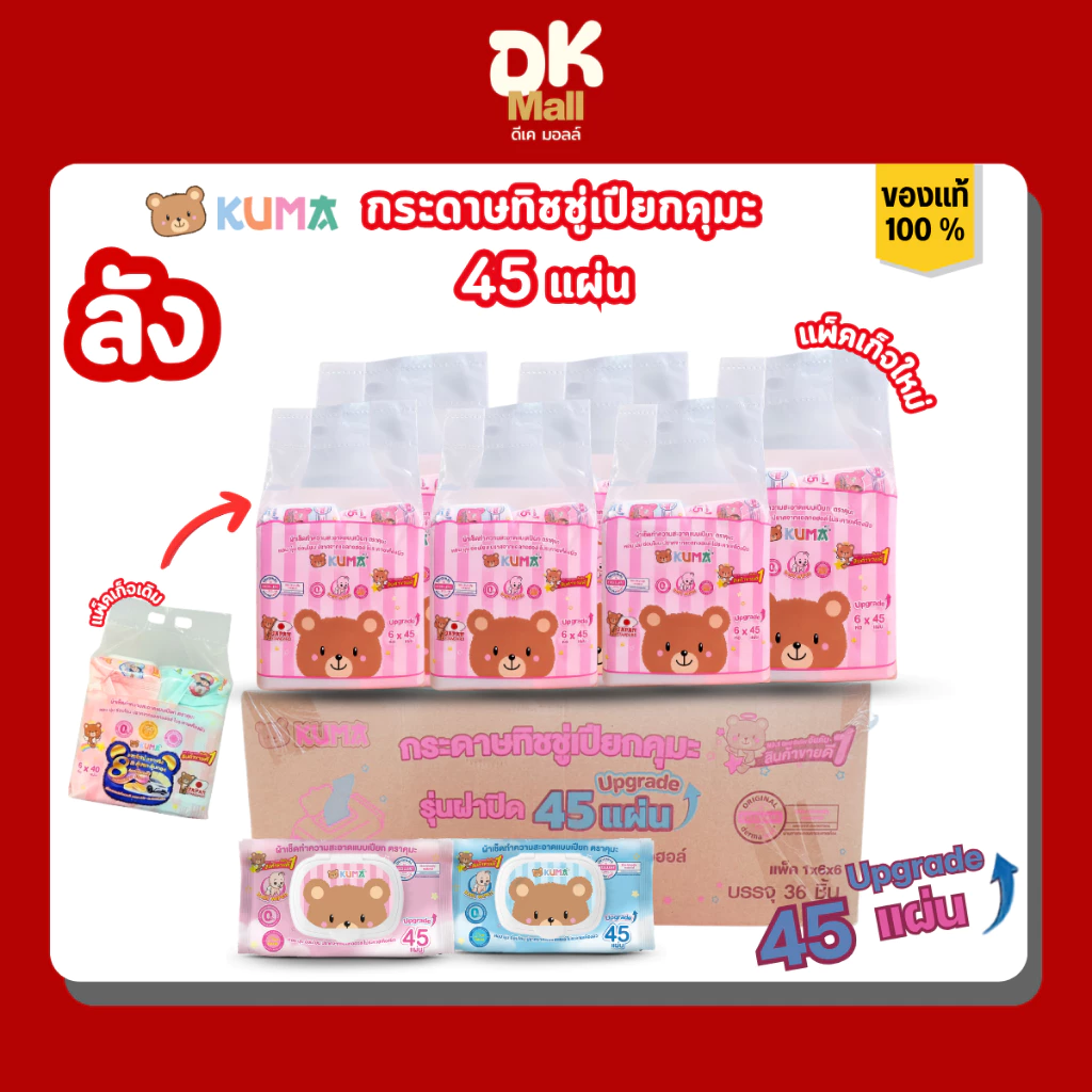 (FS) Kuma ผ้าเช็ดทำความสะอาดผิวแบบเปียก ทิชชู่เปียกคุมะ จำนวน 45 แผ่น 2สีในแพ็ค ฟ้า/ชมพู ยกลัง