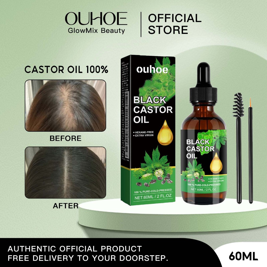 OUHOE น้ำมันละหุ่ง castor oil 100% น้ำมันละหุ่งดำ เซรั่มปลูกผมดก เร่งผมยาว ขนตายาว ขนตาหนา ใช้ได้ทั้งผม ขนตา คิ้ว