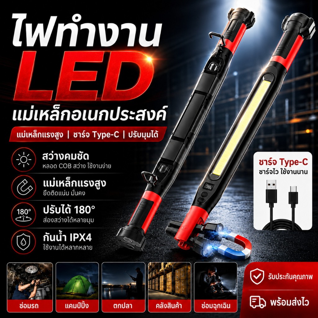ไฟทำงาน LED COB ไฟฉายช่างซ่อมรถ ไฟแม่เหล็กแบบพกพา ชาร์จ Type-C ปรับหมุนได้ 180° สำหรับงานซ่อมและฉุกเฉิน