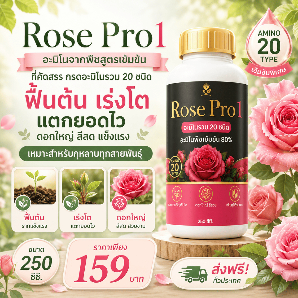 Rose Pro1 อะมิโนรวม 20ชนิด เข้มข้น80% อะมิโนพืชเข้มข้นสำหรับกุหลาบ ช่วยฟื้นต้น เร่งแตกยอด ใบเขียวแข็งแรง ดอกใหญ 250ซีซี