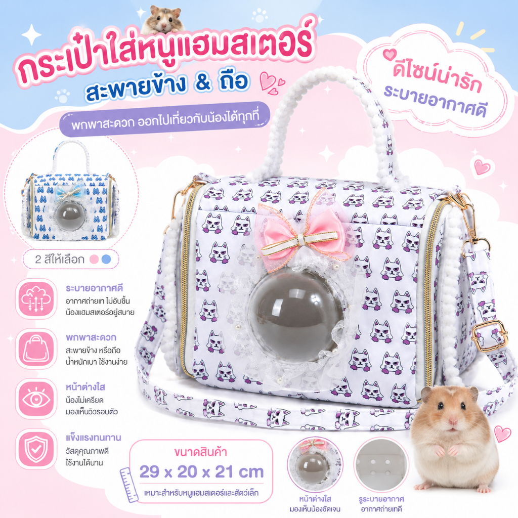 กระเป๋าหนูแฮมสเตอร์แบบพกพา ดีไซน์น่ารัก สีฟ้า-ชมพู เปิดง่าย ระบายอากาศ เหมาะออกนอกบ้าน