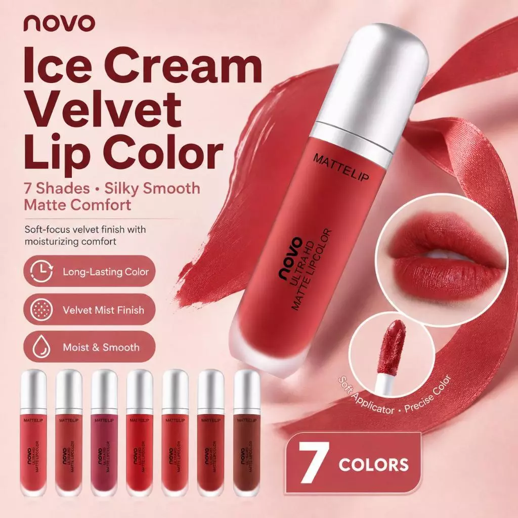 NOVO ลิปไอศกรีมครีม เนื้อเวลเวตแมตต์ฝ้า สีชัดเด่น ติดทนตลอดวัน ไม่หลุด ไม่ติดแก้ว เนื้อลื่นละมุน เข้าทุกลุคแต่งหน้า
