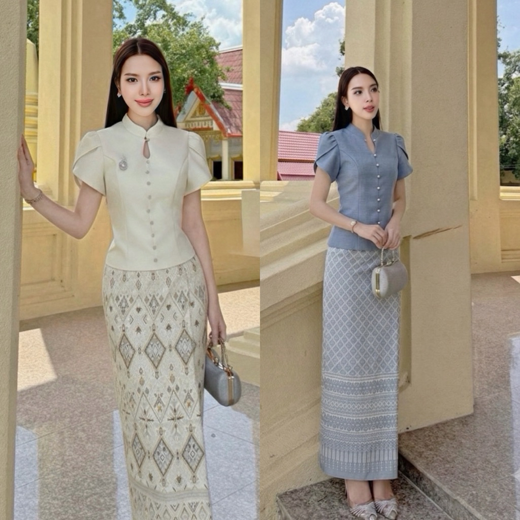 พร้อมส่ง ชุดเซทผ้าไทย ชุดไทย ใส่ทำบุญ Set เสื้อ มาพร้อมกระโปรงยาวเอวสูง