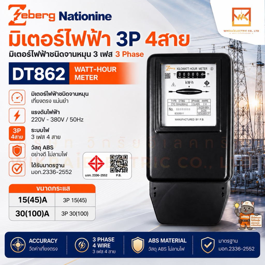 Zeberg มิเตอร์ไฟฟ้า 3P 4W 15(45)A 30(100)A DT862 Watt-Hour meter มิเตอร์ไฟฟ้าชนิดจานหมุน 3 เฟส 3Phas