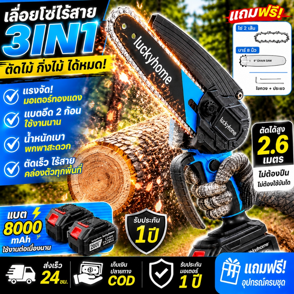 【ตัดไม้เร็วขึ้น 2เท่า】เลื่อยไฟฟ้าไร้สาย 6/8 นิ้ว 399V 99800W มอเตอร์ไร้แปรง อุปกรณ์ครบ อุปกรณ์ครบชุดชุด เลื่อยโซ่ไร้สาย