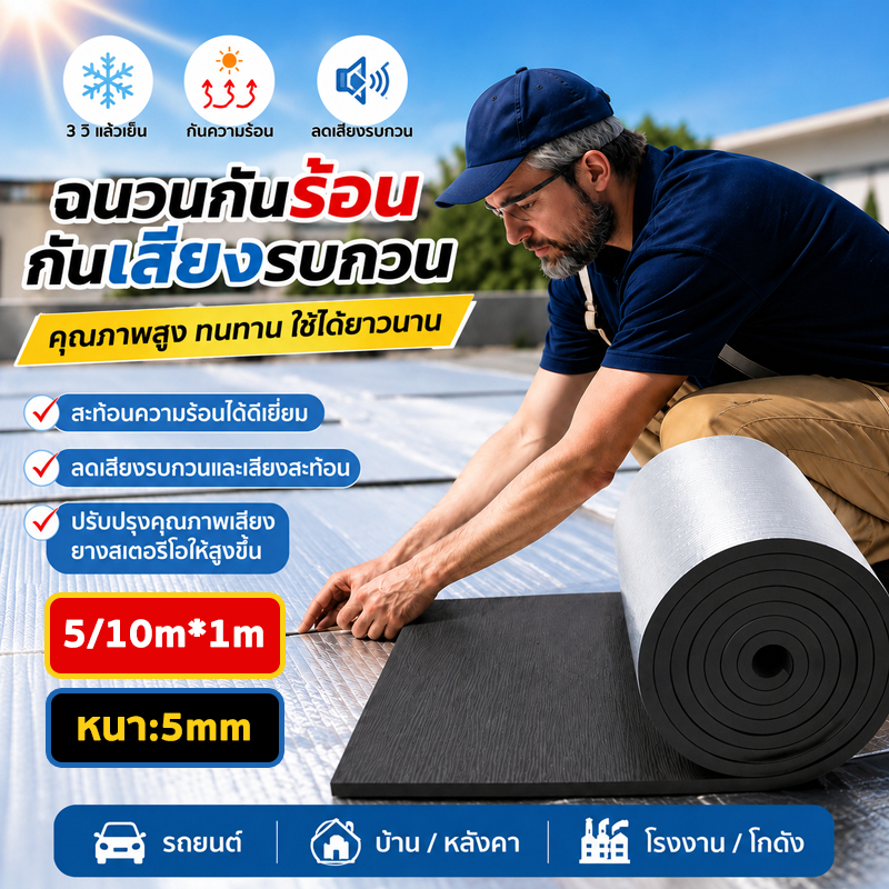 【มีการรับประกัน 30 ปี】ฉนวนหลังคา แผ่นฉนวนกันความร้อน หลังคาบ้าน หนา7mm กันเสียง สะท้อนความร้อน ขนาด5/10เมตร กันร้อนรถยนต