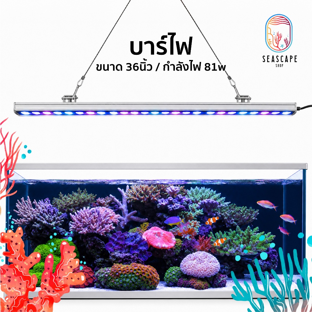 ไฟบาร์ตู้ปลาทะเล 36 นิ้ว 81W ไฟ Blue & UV ปรับหรี่–ตั้งเวลาได้ พร้อมขาแขวนและอะแดปเตอร์