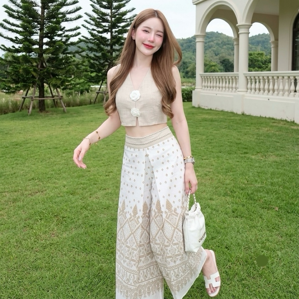 HOMJAI - กางเกงผ้าไทย ทรงขากระบอกใหญ่แหวกด้านหน้า ทรงสวยใส่สบาย ผ้าฝ้ายพิมพ์ลาย (สม็อคหลังยางยืด)