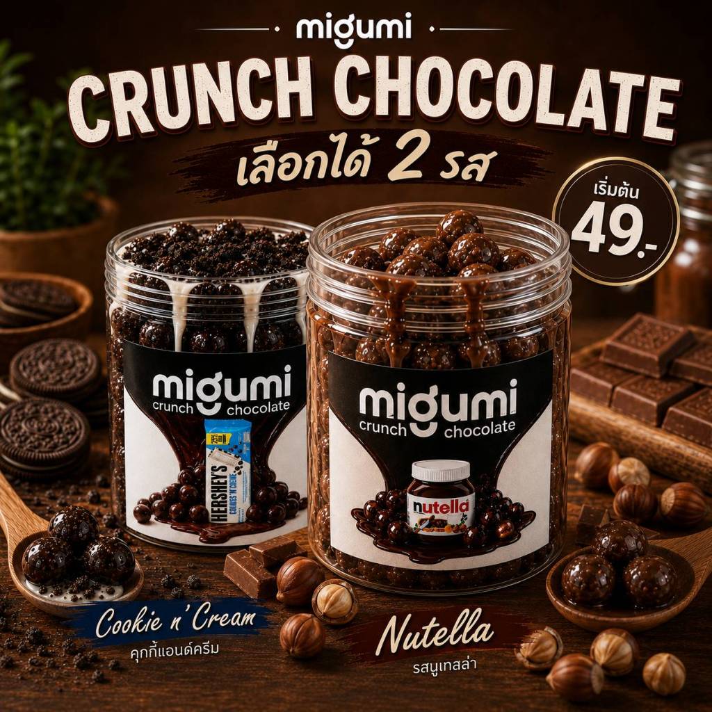 Migumi Crunch Chocolate ครันช์ช็อกโกแลตท็อปปิ้งครีมฮาเซลนัทนูเทลล่า / คุกกี้แอนด์ครีม เลือกรสได้