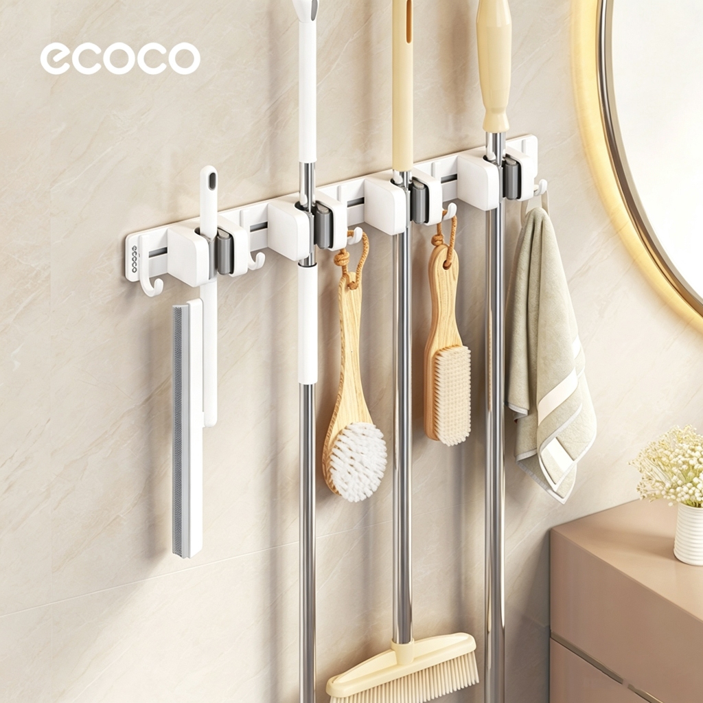[พร้อมส่ง]Ecoco ที่แขวนไม้กวาดพร้อมรางเลื่อน ติดตั้งโดยไม่ต้องใช้ตะปู กันน้ำและกันความชื้น เหมาะสำหรับห้องครัวและห้องน้ำ