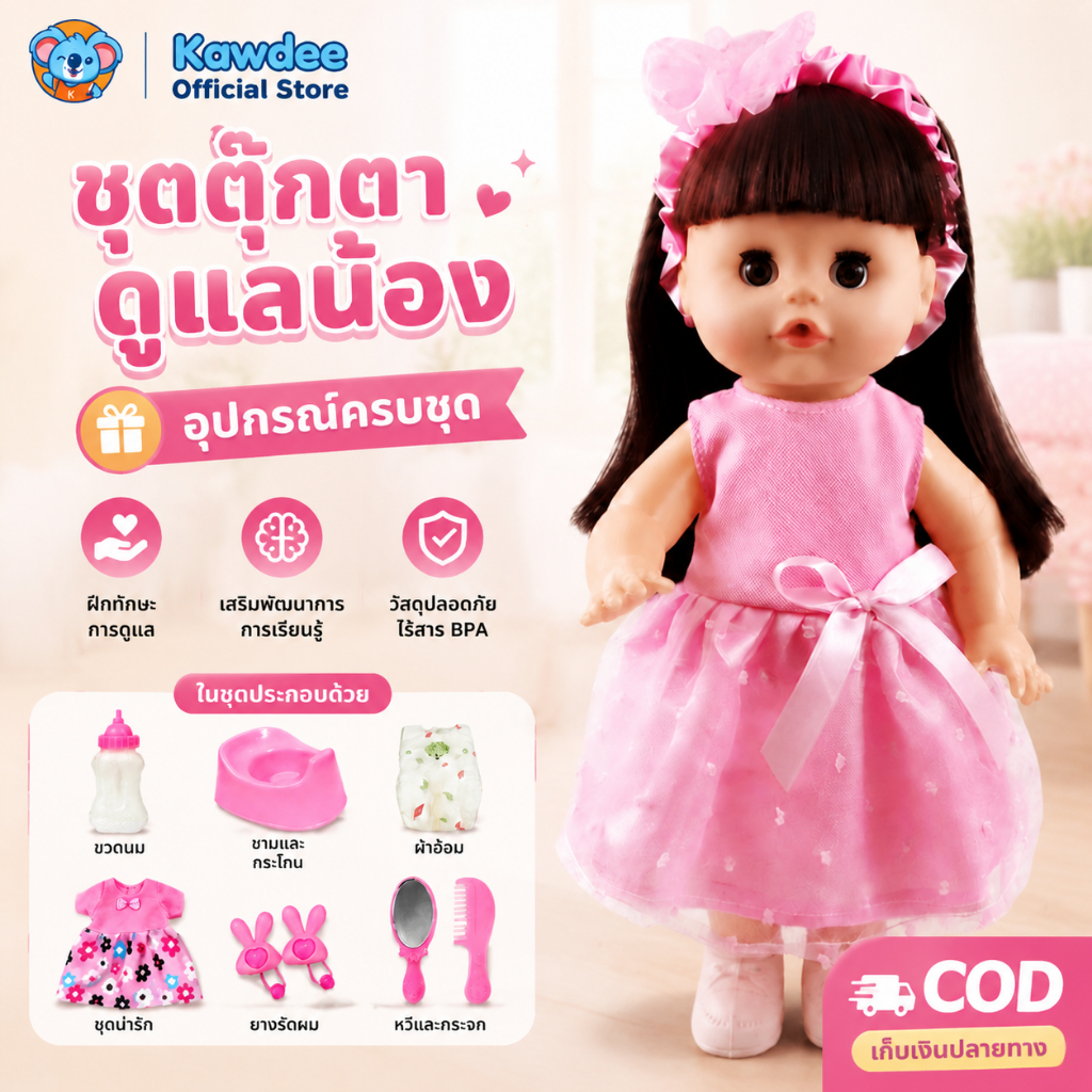 Kawdee ตุ๊กตาเด็กหญิง 12 นิ้ว มีเสียง ดื่มน้ำ-ปัสสาวะได้ พร้อมชุดอุปกรณ์เสริม ครบชุด เล่นสนุกปลอดภัย ของเล่นเด็กผู้หญิง