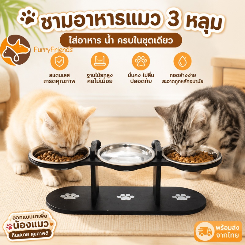 ชามอาหารสัตว์เลี้ยง ชามสแตนเลส สามชาม การออกแบบปากเอียง ป้องกันคอ ป้องกันการพลิกคว่ำ ถอดได้