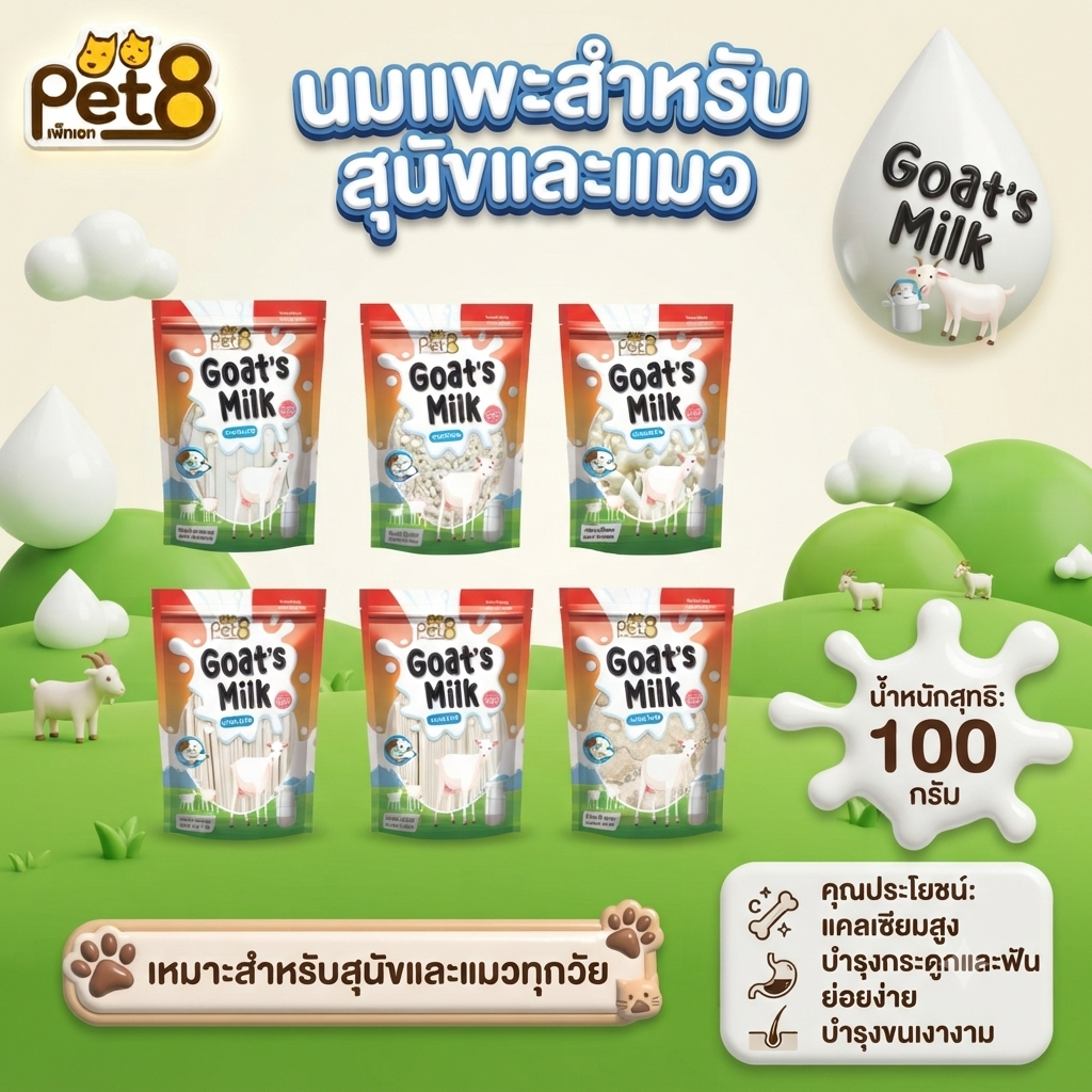 Pet8 นมแพะ 4แบบ สำหรับสุนัขและแมว Goat Milk series น้ำหนัก 100g เคี้ยวเล่น หอม อร่อยแคลเซียมสูง บำรุงกระดูกและฟัน