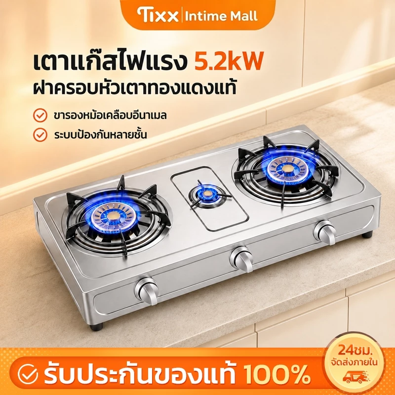 Tixx เตาแก๊สตั้งโต๊ะ 2/3หัว ไฟแรง 5.2kW หัวเตาทองแดงแท้ ตัวเครื่องสแตนเลส รองรับ LPG/NG จุดไฟ Piezo