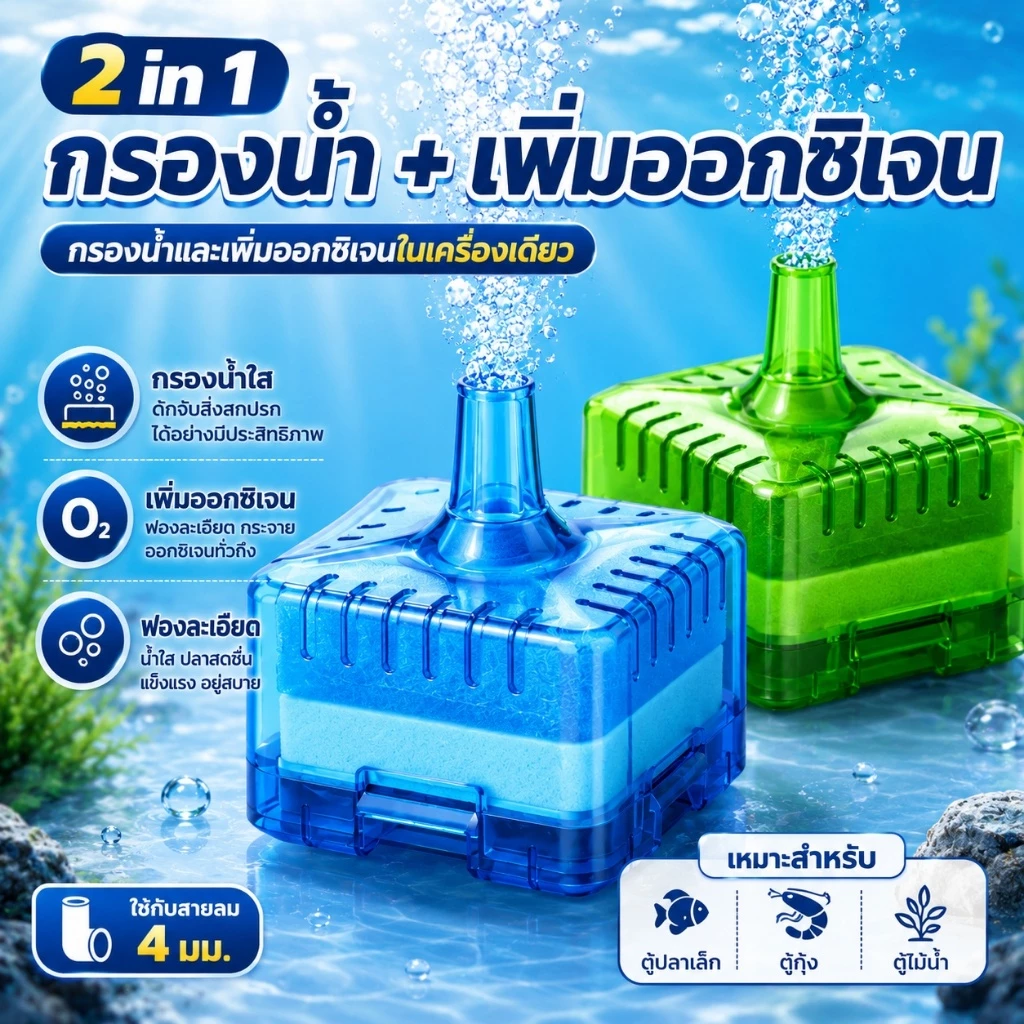 เครื่องกรองน้ำตู้ปลาแบบมินิ น้ำ ระบบชีวภาพ + กรองเซรามิก พร้อมเครื่องดูดสิ่งสกปรก สำหรับตู้ปลาแบบกลม