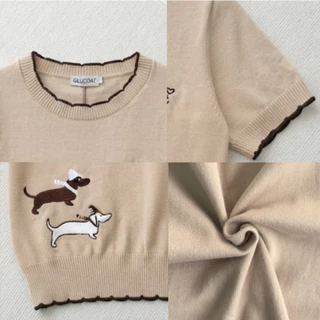 Glucoat | [A919] เสื้อนิตติ้งไหมพรม แต่งขอบหยัก ปักลายน้องหมา