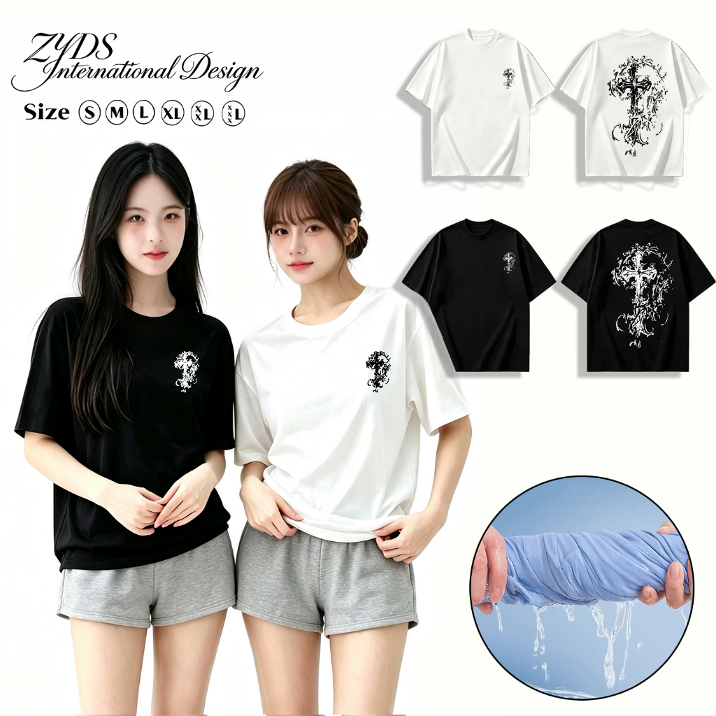 ZY 2026 เสื้อผู้หญิง เสื้อยืด เสื้อยืดผู้หญิง ทรงโอเวอร์ไซส์ คอกลม ลายไม้กางเขน คอตตอนผสม ผ้านิ่ม cod