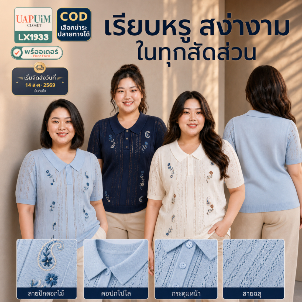 LX1933 เสื้อโปโลถักแขนสั้นสาวอวบ ทรงตรงพอดีตัว ปกเสื้อแบบคลาสสิก ไซส์ XL-5XL