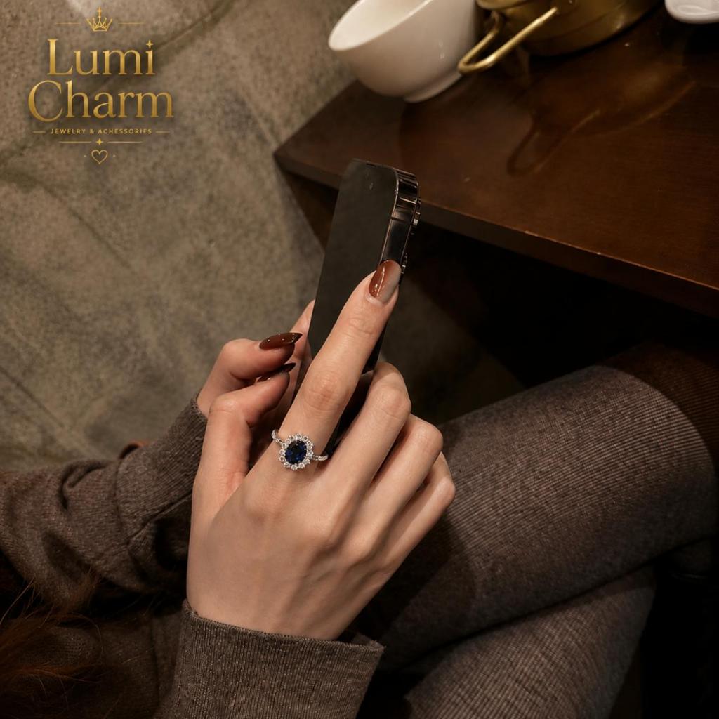 LC+แหวนผู้หญิงเงินแท้ S925 ประดับเพชรเซอร์คอนสีน้ำเงินทรงวงรี ปรับขนาดได้ ดีไซน์หรู ของขวัญแฟน