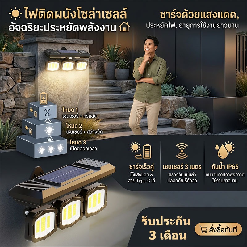 【พร้อมส่งจ้า】โคมไฟโซล่าเซลล์อัจฉริยะ 3in1 กันน้ำIP65 ไวต่อคนผ่าน ใช้ได้ทั้งในร่มและนอกบ้าน