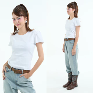 Bemingtop1241(S-4XL) - Bamby Top - เสื้อแขนพองทรงเข้ารูป ดีไซน์เรียบแต่มีลูกเล่นโลโก้ BMG ปักหน้าอก