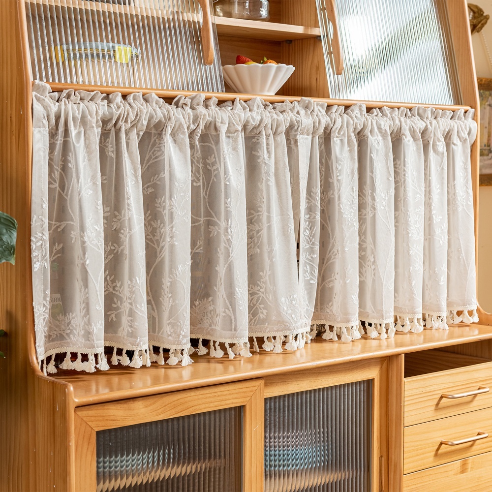 ผ้าม่านครึ่งหน้าต่าง ผ้าม่านเคาท์เตอร์ครัว ผ้าโปร่ง ปักมือ กันฝุ่น Elegant Valances เหมาะสำหรับตู้หนังสือ / ห้องครัว