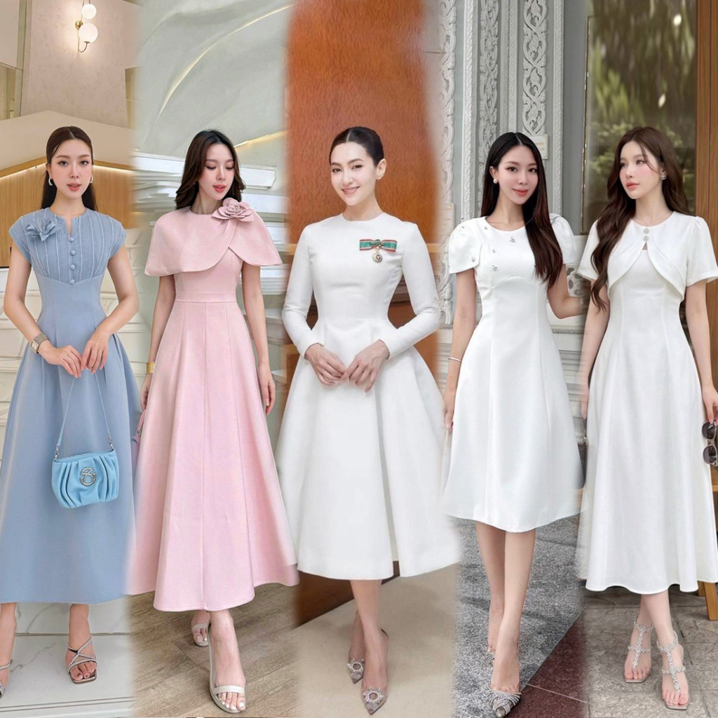 S-XXL ชุดเดรสไปงาน สีขาว/ครีม/ฟ้า/ชมพู/ดำ สวยเรียบหรู ชุดทำบุญ #Rattana #ชุดเบลล่า #mila