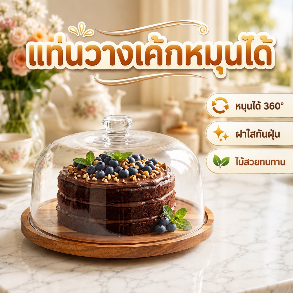 12 นิ้ว ไม้เค้กขาตั้ง 360 ° หมุนได้ขนมหวานพร้อมอะคริลิคใสฝาปิดโดมตกแต่งเค้กจาน