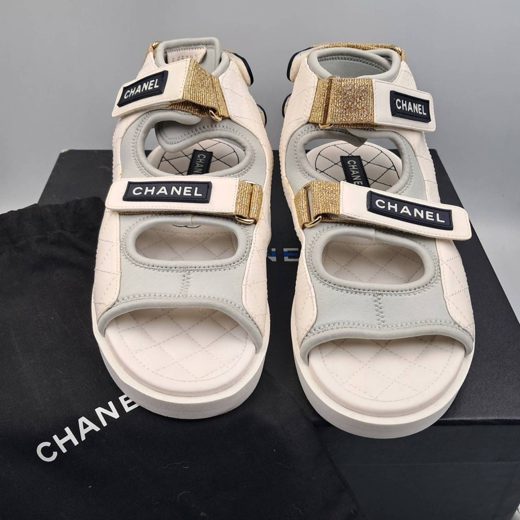 Chanel Gladiator Sandals In Fabric Goatskin Grey-Navy Size 38.5