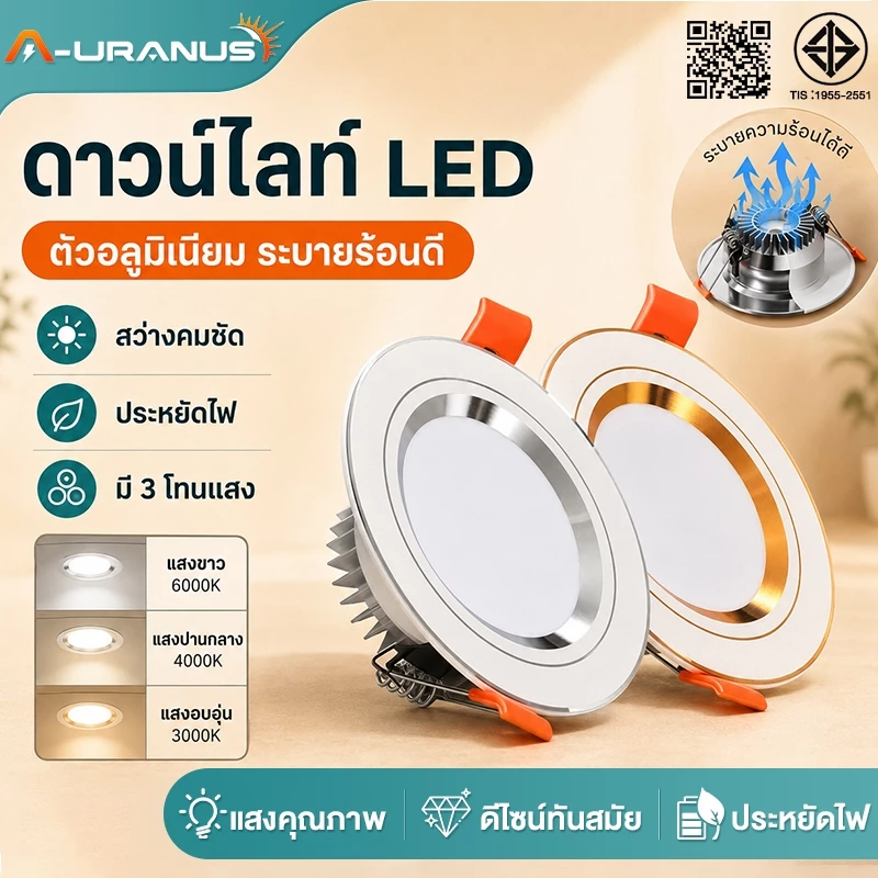 ดาวไลท์ LED เปลี่ยนได้ 3 สี ไฟเพดาน 9W/ 12W/ 15W ไฟ LED เพดาน ไฟดาวน์ไลท์