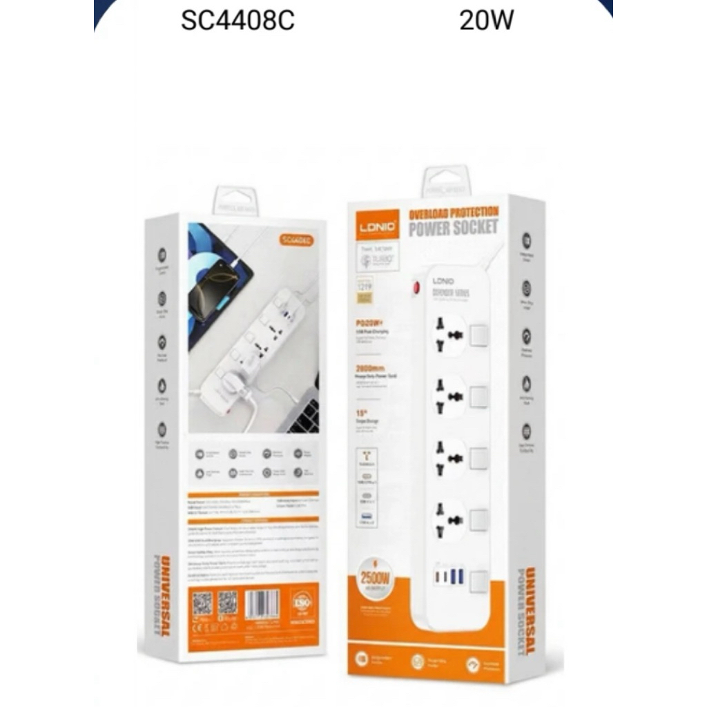 ปลักพ่วง LDNIO SC4408 รองรับไฟ2500W มาพร้อม USB 4ช่อง