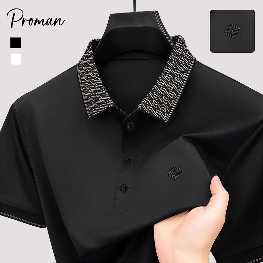 PROMAN เสื้อโปโลผู้ชายแขนสั้น ผ้าเย็นระบายอากาศ คอปกลายพิมพ์ ทรงหลวม สไตล์ลำลองและธุรกิจ พร้อมส่ง