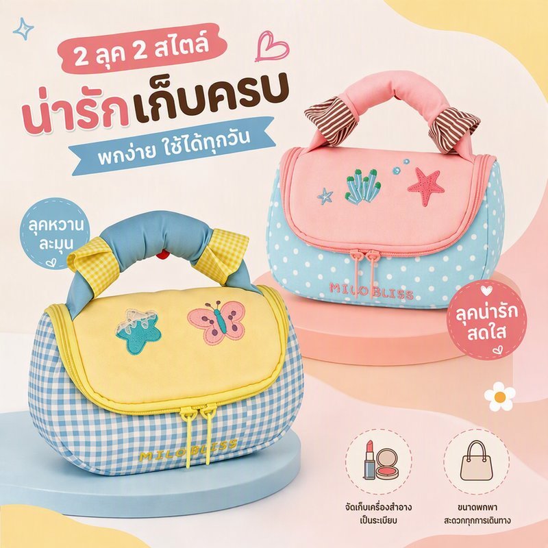 กระเป๋าเครื่องสำอาง แบบพกพา กระเป๋าเครื่องสําอางค์ ปักลายการ์ตูน กระเป๋าพกพา ช่องเยอะ จุของได้เยอะ กันน้ำ PU