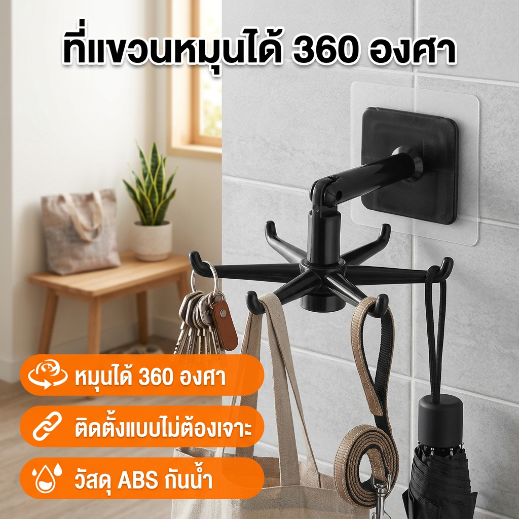 ตะขอแขวนผนังกาวตัวเอง 360° | 6 ตะขอ พับได้ 180° | ABS กันน้ำ ไม่ต้องเจาะ | สำหรับอุปกรณ์ครัว ห้องน้ำ | คอนโด หอพัก