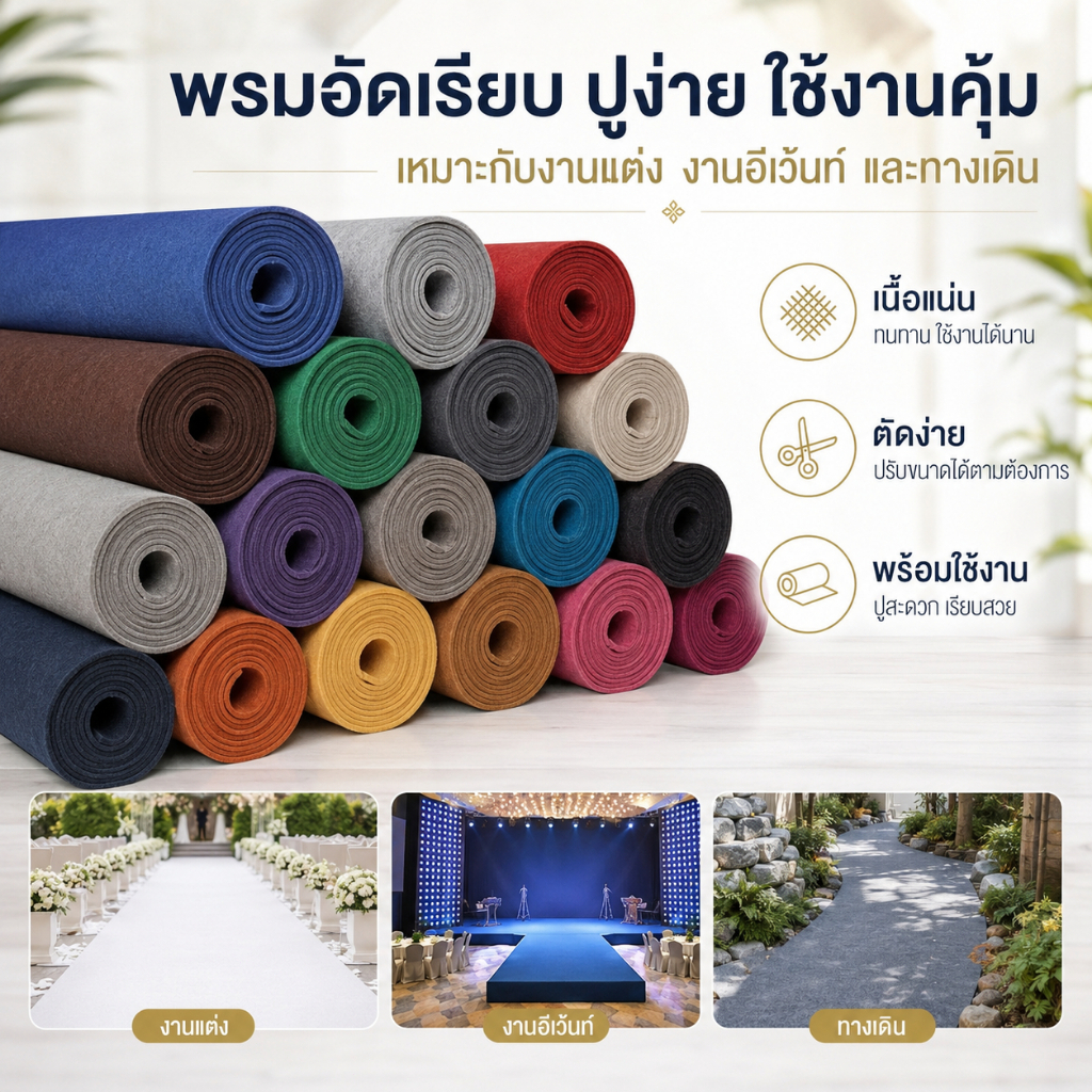 ราคาคุ้ม พรมอัดเรียบ พรมปูพื้นงานแต่ง งานจัดเลี้ยง งานอีเว้นท์ บูธแสดงสินค้า ตัดตามขนาดได้ พร้อมใช้งาน เลือกสีได้