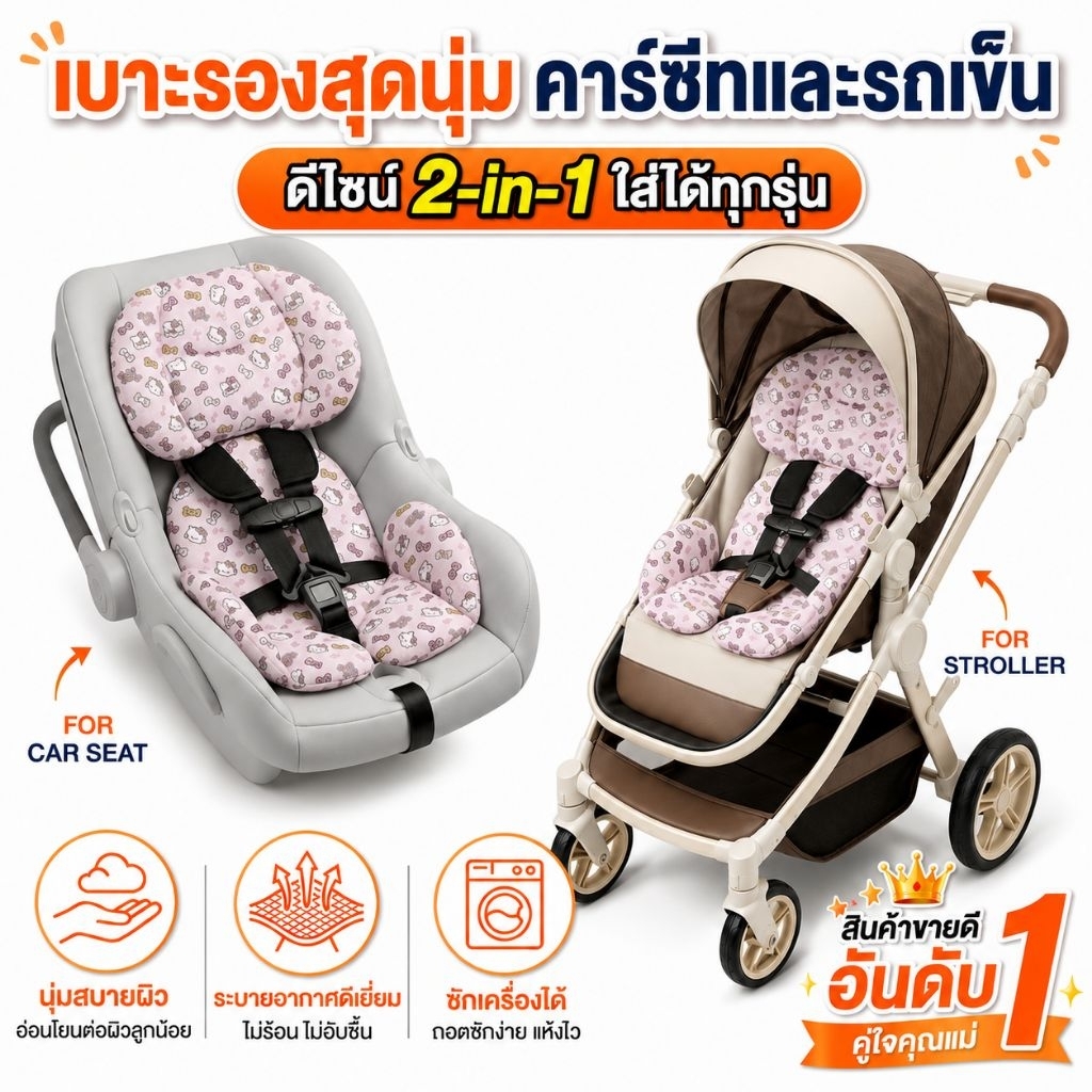 ซัพพอร์ตคาร์ซีท Hello Kitty สีชมพู เบาะรองรถเข็น combi aprica ailebebe leaman recaro fin camera glowy fico