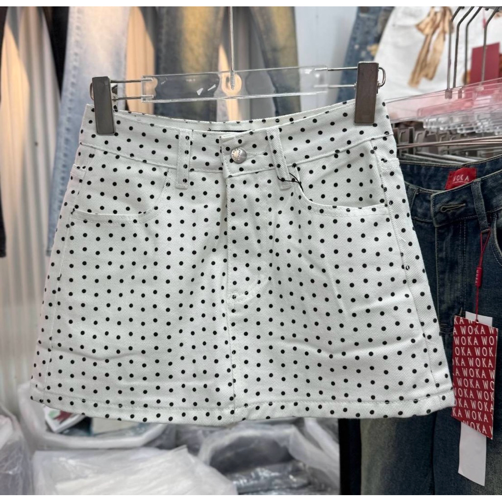 VINTAGE (1319-7) กระโปรงยีนส์เอวสูง ลายหมี เนื้อผ้ายีนส์ไม่ยืด มีซับใน (S-XL)