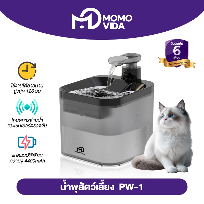 MOMOVIDA น้ำพุแมวอัตโนมัติ น้ำพุแมวไร้สาย 4400mAh ความจุ 2.2