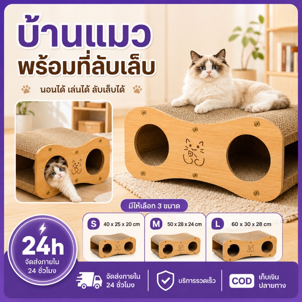 PETWELL ที่ลับเล็บแมว 2 ชั้น พร้อมบ้านแมว ระบายอากาศดี ทนต่อการข่วน ไม่หลุดร่วงง่าย