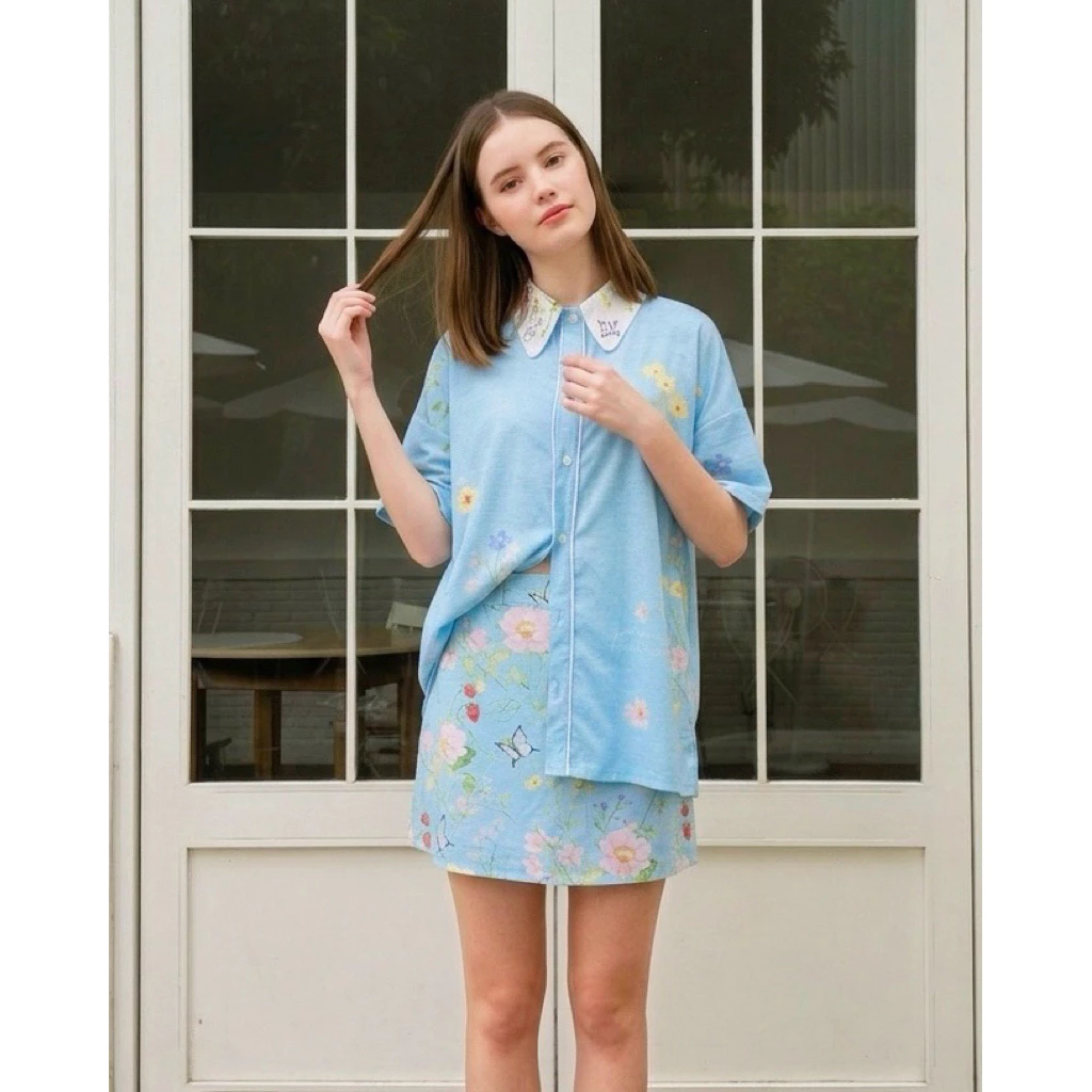 🩵🩵Poppy Shirt เสื้อเชิ้ตลาย sweet sunny ลายผ้ายีนส์ดอกไม้