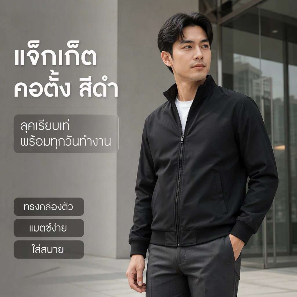 เสื้อแจ็คเก็ตนอกผู้ชายคอตั้งสีดำ สไตล์เรียบหรูทันสมัย ผ้าใส่สบายแมตช์ง่าย ใส่ทำงาน ออกไปข้างนอก สำหรับผู้ชายวัยกลาง