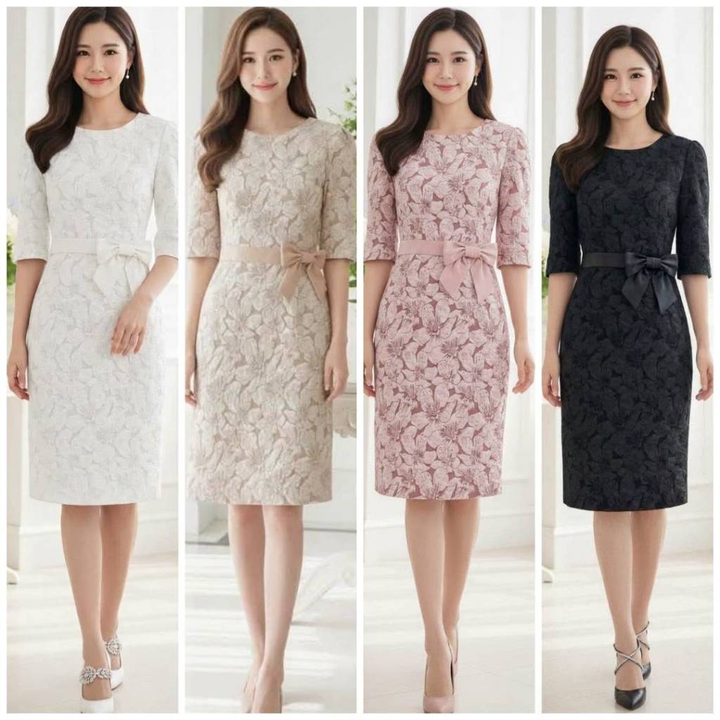 ชุดเดรสผ้า jacquard ลายนูน3D สวยเรียบร้อยน่ารักพร้อมซับในซิปหลัง อก32-50