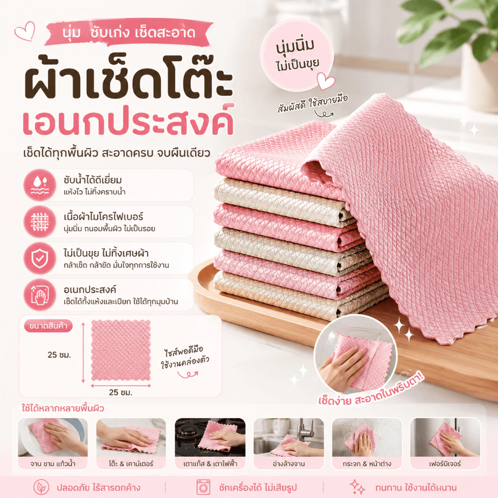 XSJ-05 【ขนาด 25x25 ซม.】ผ้าเช็ดกระจก แก้วต่างๆ ผ้าขนหนูผืนเล็ก อเนกประสงค์