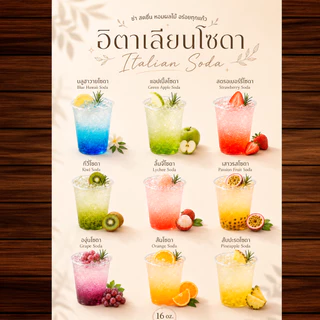 ป้ายเมนูอิตาเลี่ยนโซดา A4 เคลือบแข็งใส ป้ายเมนูสำเร็จรูป